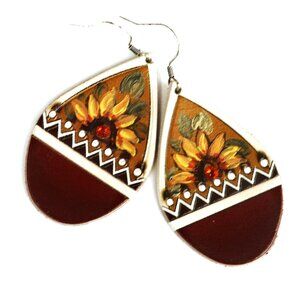 NEW Hand Painted Sunflowers Lightweight Leather Earrings Boho Chic Fall Jewelry